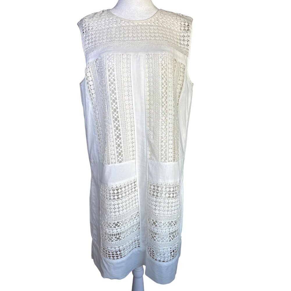 J Crew Dress‎ Size Medium Geo Lace Sleeveless Shirt Dress Cotton Off White